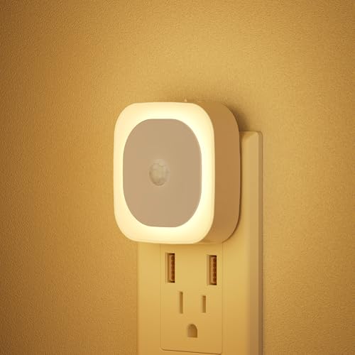Image of YUNLEX 2 Pack Plug in Night Light with Motion Sensor & Dusk to Dawn Sensor, 3 in 1, Dimmable Reflected Light, Warm White Nightlight for Living Room, Bathroom, Hallway, Stairs