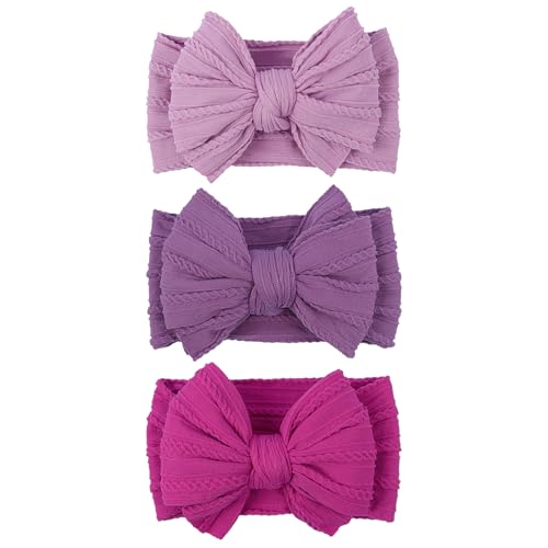 Image of LemonSpace Handmade Nylon BabyGirl Headband Bows for Newborn Purple Mix3Pcs | Nylon Baby Stretchy Hair Bands Hair Accessories with Bows for Newborn Baby Girls Infant Toddlers Kids(Purple Mix)