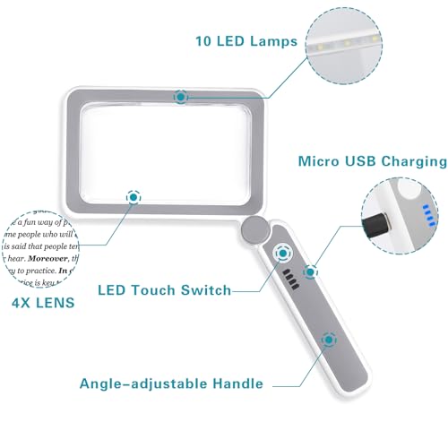 Bofoho Magnifying Glass with Light - 4X Handheld LED Rectangle Magnifying Glass, Magnifying Glass with Adjustable Light, Gift for Elderly, People with Poor Eyesight to Read Book, Maps and Small Print