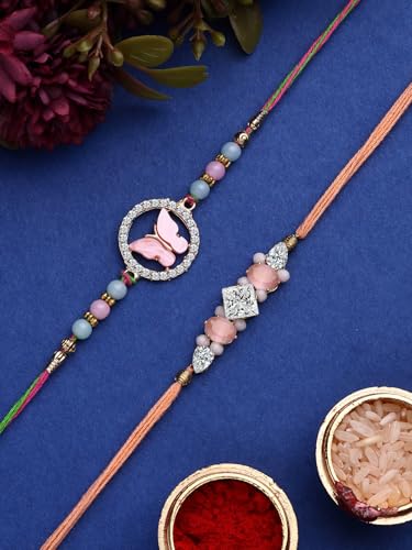 Image of Sukkhi Rakhi Iconic Designer Kundan Meenakari Red Green Gold Plated Premium Rakhi for Brother with Roli Chawal & Greeting Card|Rakhi for Brother /Bhaiya /Bhai /Men|Rakhi Combo-Set of 2