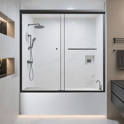 Image of 56-60 inch W x 58 inch H Semi-Frameless Tub Shower Door, Bypass Double Sliding Bathtub Shower Glass Doors with 1 /4 inch (6mm) Clear SGCC Tempered Glass and Stainless Steel Handles, Matte Black
