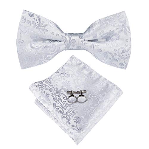 Image of Hi-Tie Pretied Bow Ties for Men Wedding Formal Bow Tie Handkerchief Cufflinks Lapel Pin Set Party Formal Mens Bowtie Set, Siver White Floral, Medium