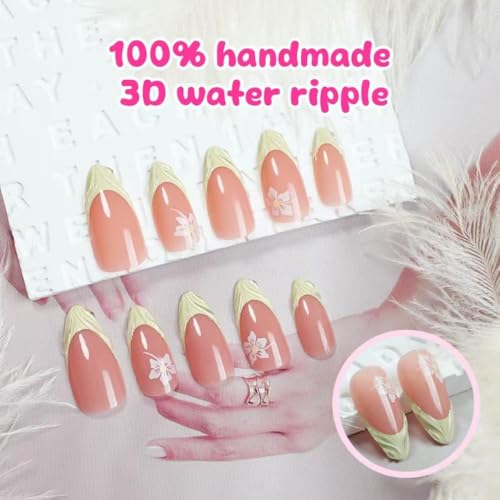 Image of Green Press on Nails Medium Almond Shaped Fake Nails with White Flower Design Nude Full Cover Stick on Nail 3D Wave Natural False Nail Artificial Acrylic Summer Glue on Nails for Women Manicure 24Pcs