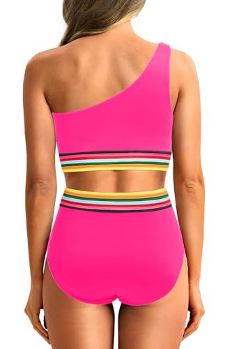 Image of Holipick Women One Shoulder High Waisted Bikini Set Two Piece Tummy Control Swimsuits Full Coverage Bathing Suit