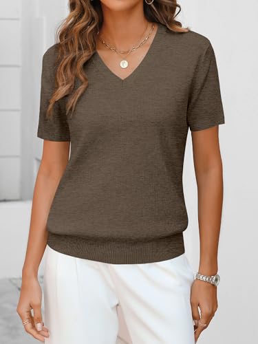 Image of ANRABESS Women Wool Blend Sweater Summer 2026 Short Sleeve V Neck Pullover Top Business Casual Outfit Beach Vacation Clothes