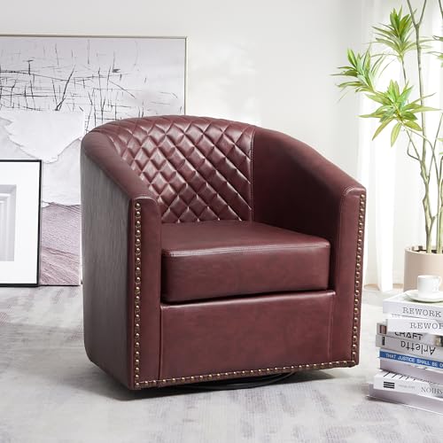 KINWELL 29" Wide Tufted Faux Leather Swivel Barrel Chair, PU