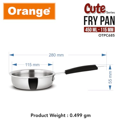 Image of Orange Triply Stainless Steel Mini /Baby /Small Sized (Cute Fry Pan 450 ML) | Heavy Bottom | Induction Friendly | 2.5mm Thickness | Cool Touch Bakelite Stainless Steel Handle | 5Year Warranty