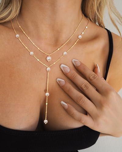 Lariat Gold Necklace for Women: Dainty Pearl Necklace 14k Gold Plated/Silver Y-Shaped Pendant Long Necklace Fashion Layered Simple Gold Necklace Jewelry For Women Trendy3