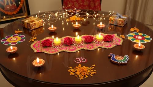 Image of Divyakosh Traditional Lotus Design Table Runner - Set of 2, with Led Tea Light, Red Floral Pattern, 21 x 6 Inch