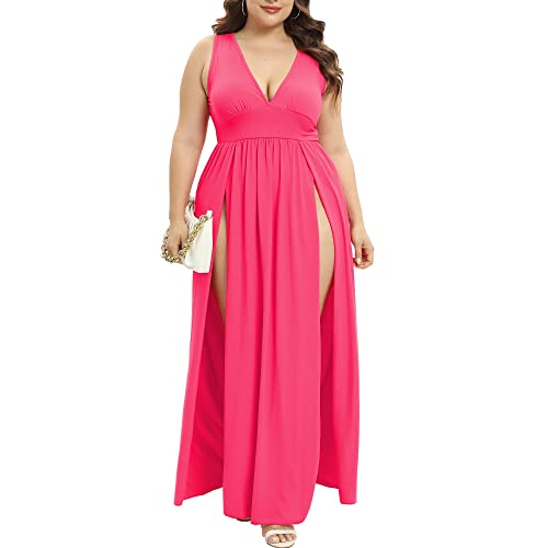 Image of SILUI Women's Summer 2026 Sexy Double High Slit Deep V Neck Plus Size Sundresses Thigh Split Maxi Club Party Dresses