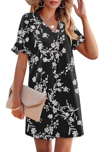 Image of OFEEFAN Summer Dresses for Women Ruffle Short Sleeve V Neck Casual Shift Dress with Pockets