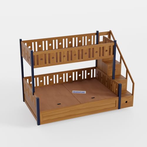 Image of Wudniture Solid Sheesham Wood Bunk Bed for Kids and Adults with Storage (Brown and Blue 02 166)