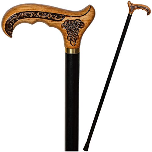 Light Wooden Walking Cane for Men & Women - Wood Carved Celtic Style, Walking Stick for Old Elderly