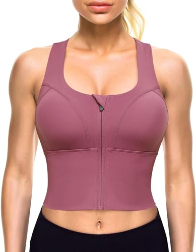 Image of GLAMORAS Women Polyester Spandex Medium Impact Front Zip Sports Bra Longline Fitness Criss Cross Back Crop Tops Tank Gym Yoga Workout, Size: M-2XL