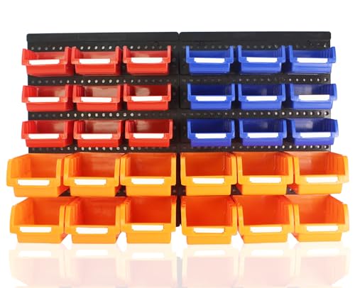 GAMPRO Stapelboxen 30 tlg. Erweiterbar Etikettenfach Stabil Stoßfest Starke Wandplatten Wandregal Werkstattregal Werkzeuglochwand Kleinteilemagazin, Schwarz, Polypropylen (PP)