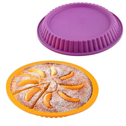 ATRDTO 10 Inch Silicone Pie Pan -Set of 2- Round Baking Molds for Strawberry Pie, Chocolate Pie, Strawberry Shortcake, Brownie Tart Pie (Purple+Yellow)