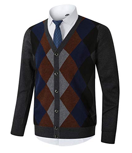 Homovater Mens Casual Slim Fit Long Sleeve V-Neck Cardigan Sweaters Button Down Knitwear Argyle with Ribbing Edge