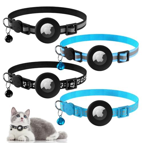 Airtag Cat Collar with Bell and Safety Closure, Reflective Cat Collar, Adjustable Size, Apple AirTag Protective Cover for Cats 4-PACK 01