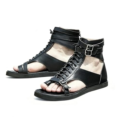 DESESE Mens Leather Gladiator Sandals Roman Sandals Casual Non-slip Breathable Lace Up Buckle Versatile High Top Beach Shoes (Black 10)