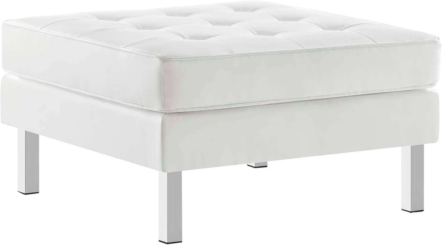 Loft Tufted Button Faux Leather Upholstered Square Ottoman in Silver White