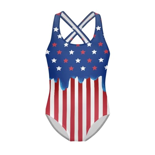 JUDENTIDOS American Flag Print Girls' Bathing Suit One Piece Swimsuit for Summer Cute Sleeveless Swimwear with Cross Back Straps Sizes 5-14 Years Gymnastics Leotards