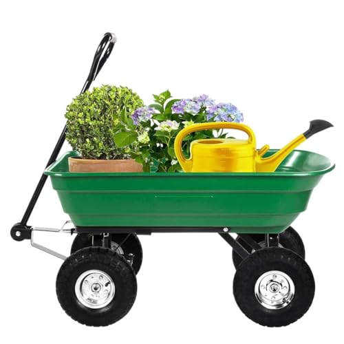 Chariot de jardin à Benne basculante Charge 200kg 75L - Chariot de Transport 4 grandes roues pour Bûches de Bois, Terre, Mobilier de Jardin & Plage KZ