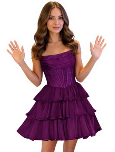 Zechunformal Strapless Tiered Ruffle Prom Homecoming Dress, Short Cocktail Party