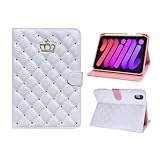 for iPad mini 7 A17 Pro 2024/iPad Mini 6 2021 8.3 Inch iPad mini 7th/6th Gen Case, PU Leather Crown Bling iPad mini 7th/6th Generation Cover with Pencil Holder,Smart Soft TPU (White)