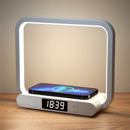 VOSFEEL Nachttischlampe mit ladefunktion 4-in-1 Touch Dimmbar mit Uhr Nachtlicht 15W Kabelloses Laden mit USB-Anschluss Tischlampe Für Schlafzimmer Wohnzimmer Büro (Adapter Inklusive)