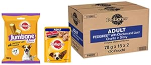 Pedigree Adult Wet Dog Food, Chicken & Liver Chunks in Gravy, 70 g (Pack of 30) & Pedigree Jumbone Mini Adult Dog Treat, Chicken & Lamb - 160 g Pack (4 Treats)