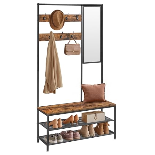 VASAGLE Kleiderständer, Garderobe, Garderobenständer mit Haken, Spiegel, Sitzbank, 35 x 98 x 180...
