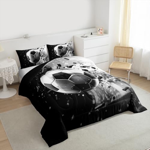 Image of Feelyou 3D Soccer Comforter Set Toddler Size Football Sport Theme Bedding Set for Kids Boys Girls Black Silver Duvet Quilt Bedroom Decor Microfiber 2 Pcs with 1 Pillow Cases