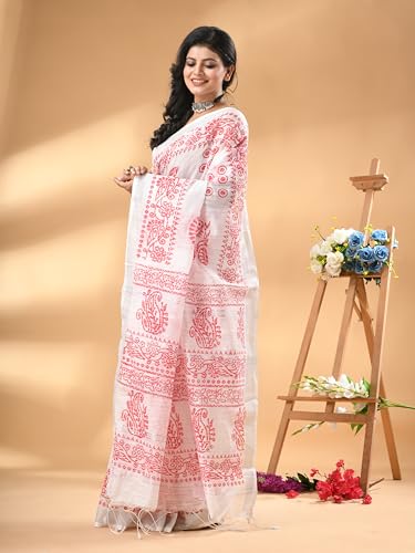 Image of WoodenTant Women's Linen Slab Cotton Blend Block Print Saree with Blouse Piece | Traditional Soft Saree (6.5m Length, 1.2m Width)