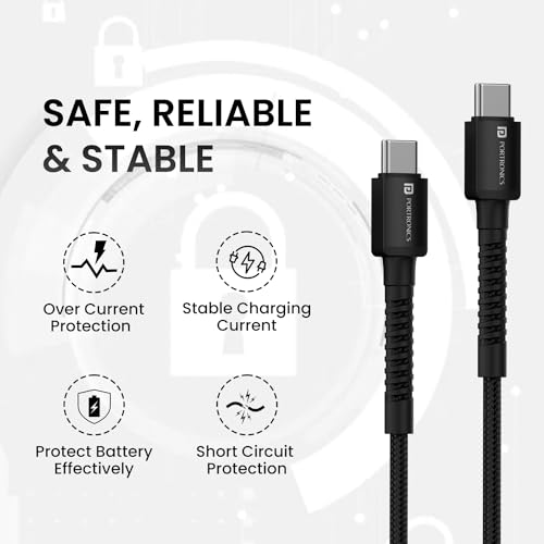 Image of Portronics Konnect X 60W Type C to Type C Unbreakable Nylon Braided Cable, 1M Fast Charging Cable for iPhone 15 series, iPad, Samsung Galaxy & other Type C Devices(Black)