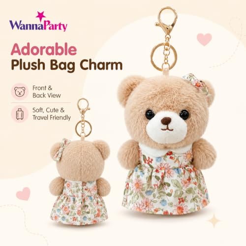 Image of Wanna Party Teddy Bear Plush Keychain, Cute Soft Bear Bag Charm with Floral Dress & Gold Metal Chain