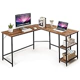GOPLUS Bureau d’Angle, Bureau Informatique en Forme L, Bureau d'Ordinateur avec 2 Etagère de Rangement,Meuble Bureau Gaming, Poste de Travail, Table de Travail Atelier,Style Vintage (Marron)