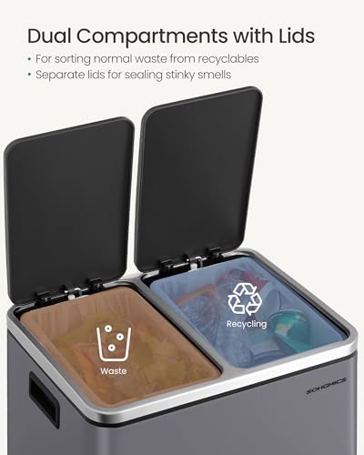 Songmics Kitchen Bin, ２X 4 Gallon (2 X 15 L) Double Pedal Bin For Recycling And Waste, 15 Liners Included, Inner Buckets, Soft Close For Small Families, Steel, Slate Grey LTB30G01 - 6