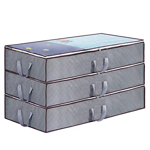 Ageoli 3 Pack 108L Large Foldable Underbed Storage Bags Clothing Comforters Storage Bags with Clear Window Sturdy Zippers Oversized for Bedding Clothes, Blankets, Quilts, Mattresses