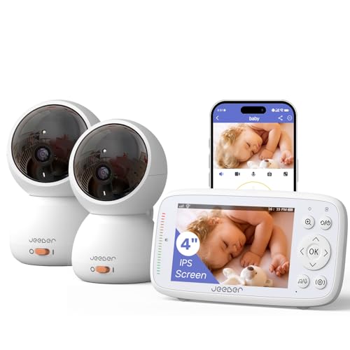 jeeber 1080P WiFi Baby Monitor with 2 Camera and Audio, Pan-Tilt-Zoom Video Camera, 4'' IPS Screen, HD Night Vision, Motion & Cry Detection, 360° View, Temperature Sensor, Feeding Reminder, Lullabies