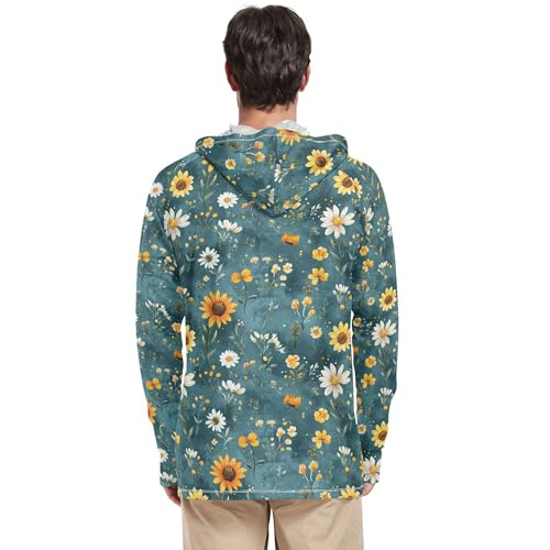Autumn Flowers Sunflower Lily Teal Sun Shirts Hoodies for Men Long Sleeve Sailing Rash Guard UPF 50+ Golf Shirt S3