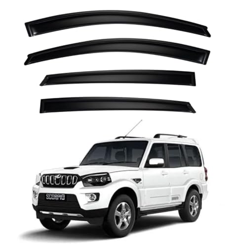 Image of Premium Smoke Car Door Visor Front+Rear Sun /Rain Guard Outside Mount Tape-On Window Visors Compatible with Mahin-dra Scorpio (2025-2026)