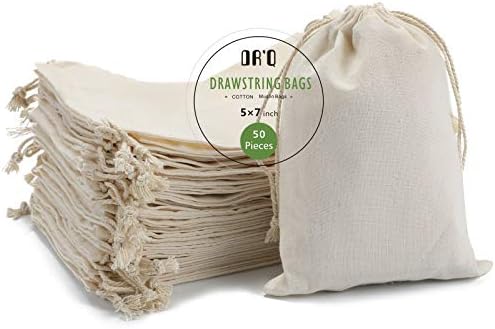 DRQ Cotton Drawstring Bags, EcoFriendly Muslin Bags (5 by 7 inch) Gift Bags, Party Favor Bags, Unbleached Cotton Pouches, Sachet Bag,Fabric Bags,Cloth Bags(50 Pieces)