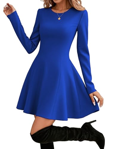 Hotouch Damen Kleider Elegant Langarm Herbst Kleid Rundhals A-Line Einfarbig Freizeitkleider Minikleid Festliches Kleid Blau M