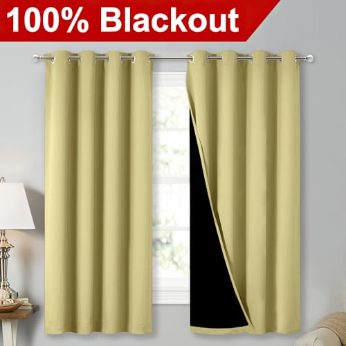 Image of NICETOWN 100% Blackout Curtains with Black Liners, Thermal Insulated Full Blackout 2-Layer Lined Drapes, Energy Efficiency Window Draperies for Bedroom (Paler Yellow, 2 Panels, 52-inch W by 63-inch L)