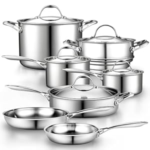 Cooks Standard Stainless Steel Kitchen Cookware Sets 12-Piece, Multi-Ply Full Clad Pots and Pans Cooking Set with Stay-Cool Handles, Dishwasher Safe, Oven Safe 500°F