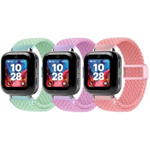SimpleThings Braided Bands Compatible with Bark Watch 3Pack Solo Loop Stretchy Watch Bands with Adjustable Easy Buckle for Kids Boys Girls (Teal&Purple&BrightPink)