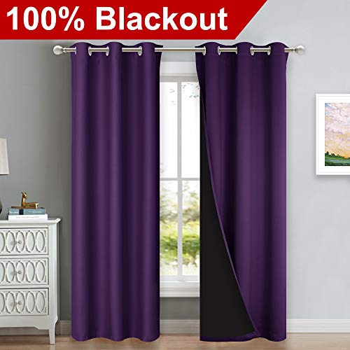Image of NICETOWN Room Warming Blackout Curtains 80 inches Long, Royal Purple, 2 Pieces, 42 inch Wide Each Panel, Full Light Blocking Drapes with Black Liner for Nursery, Thermal Insulated Drapes for Hall, Villa