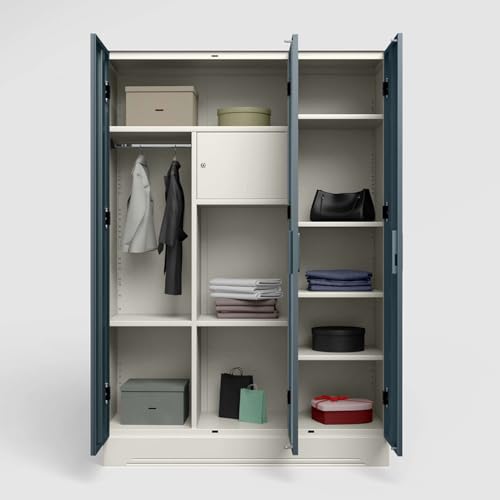 Image of Interio by Godrej Almirah Slimline 3-Door Steel Almirah, Cupboard for Clothes (Alpine White and Stormy Weather Matte), 1-Year Warranty, 7 Shelves, 1 Locker