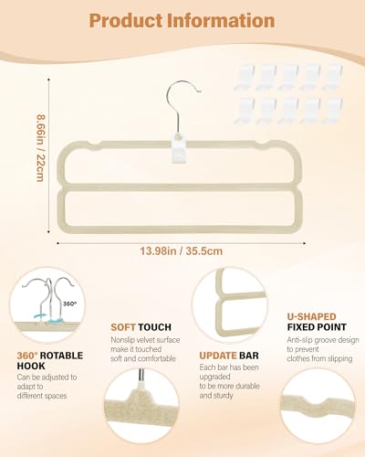 Image of 10 Pack Velvet Pants Hangers Space Saving, Non Slip 2-Layer Hanger (Beige) | Heavy Duty Flocked Trouser Hangers,pants organizer for closet with Swivel Hook, Felt Jean Hangers for Women and Men