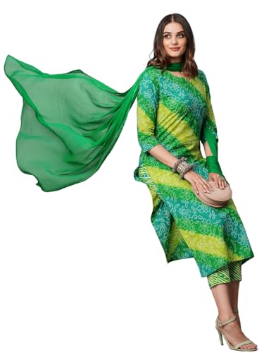 Image of GoSriKi Women's Cotton Blend Printed Straight Kurta with Pant & Dupatta